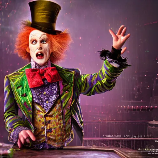 Prompt: full body pose, hyperrealistic photograph of the mad hatter, dim volumetric lighting, 8 k, octane beautifully detailed render, extremely hyper detailed, intricate, epic composition, cinematic lighting, masterpiece, trending on artstation, very very detailed, stunning, hdr, smooth, sharp focus, high resolution, award, winning photo, dslr, 5 0 mm