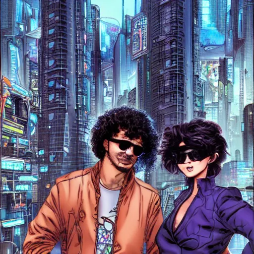 Prompt: Cyberpunk portrait of a curly-haired persian guy with golden round glasses and a cool petite caucasian brunette in the foreground of a cityscape of a futuristic city, by masamune shirow