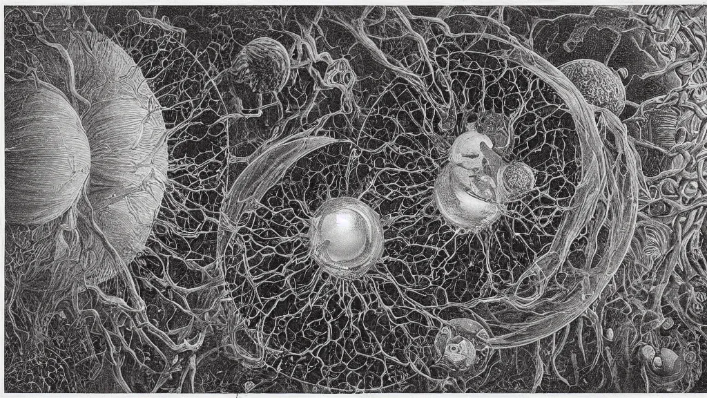 Prompt: a beautiful dreamy painting of a coronavirus inside a growing high-resolution computer, dark, sinister, detailed, art by M.C. Escher and Ernst Haeckel