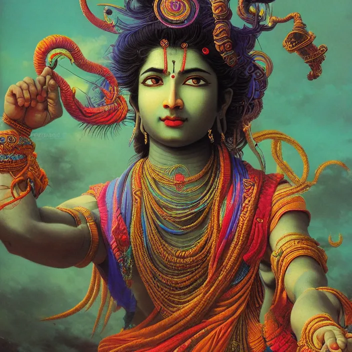 Prompt: One many-armed Shiva. Background in colorful patterns. High detail, hyperrealism, masterpiece, solo, rich deep colors, realistic, art by Yoshitaka Amano, Ivan Aivazovsky