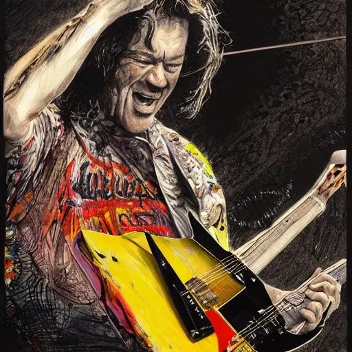 Prompt: A stunning illustration of eddie van halen playing guitar on stage, hyperdetailed mixed media artwork combining the styles of Stephen Gammell and Bill Sienkiewicz, wild power, frantic excitement, perfectly symmetrical facial features, 8k, deeply detailed, cinematic lighting