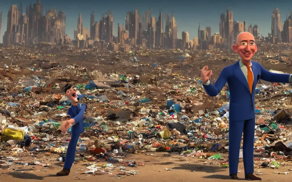 Image similar to a still from a disney animated film of jeff bezos dancing in a desolate wasteland, piles of trash scattered on the ground, city burning far in the background, 4 k