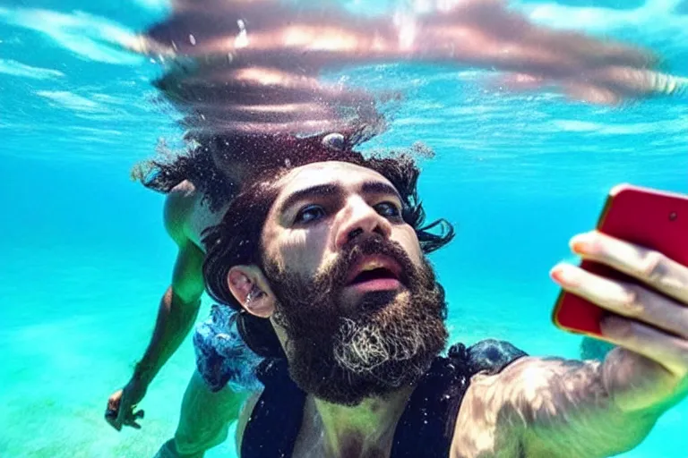 Prompt: greek god poseidon taking a selfie of himself underwater holding a go pro look king confused holding his trident