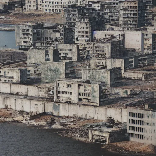 Image similar to brutalist city, prison city, totalitarian prison island, hashima island, rundown buildings, military buildings, prison complex, colorized 3 5 mm photo