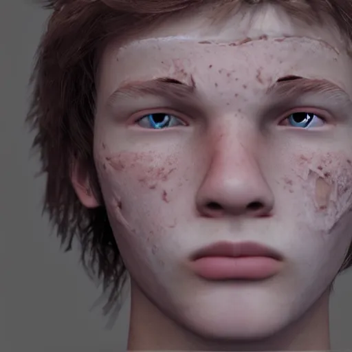 Image similar to caucasian teen suffering from case of extremely bad acne, zits everywhere, acne all over skin, crying face, desperation, anxiety, despair, 4 k, unreal engine 5