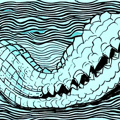 Prompt: a wave in the shape of Godzilla, cartoon drawing