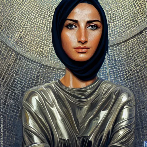 Image similar to detailed face of an arabic woman, travertine and stainless steel courtyard, terrazzo, tectonic sky, skydome, reactor, utopian, tech noir, wet reflections, prism, atmospheric, ambient, pj crook, syd mead, livia prima, artgerm, greg rutkowski, nick alm, casey baugh