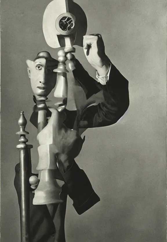 Image similar to a man holding up a single chess - piece, a surrealist painting by marcel duchamp, complex artificial - intelligence machinery, flickr contest winner, studio portrait, 1 9 2 0 s