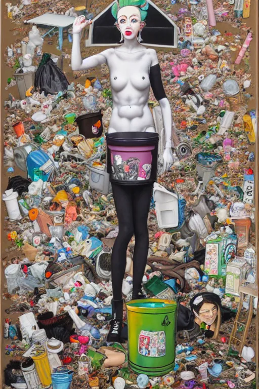 Image similar to full view, from a distance, of anthropomorphic trashcan duchamp, full of trash, style of yoshii chie and hikari shimoda and martine johanna, highly detailed