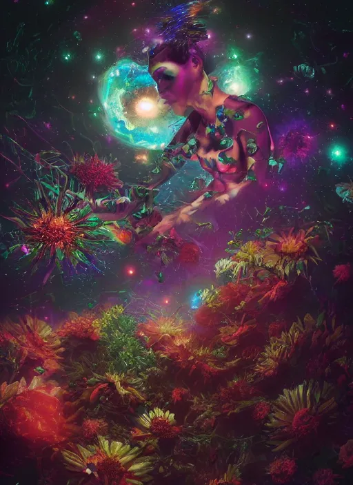 Image similar to An epic fantastic realism comic book style painting of the most beautiful entwined flowers launched across the dark galactic night sky, nebulous bouquets, fisheye lens, unreal 5, DAZ, hyperrealistic, octane render, dynamic lighting