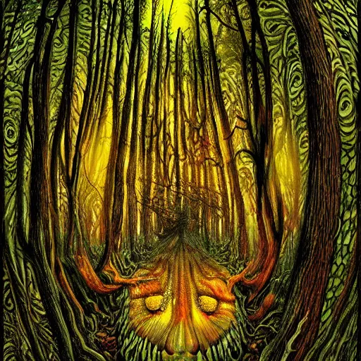 Image similar to horror nightmare psychedelic art illusionary art of forest made of only creepy eyes everywhere schizophrenic visions haunting scary horrifying terrifying anthropomorphic trees bio organic forests james gurney greg rutowski yoji shinkawa apophasis shintaro kago junji ito esoteric hypnogogic ethereal ethereality