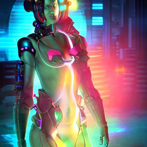 Prompt: cyberpunk Sylvi Listhaug realistic in neon amber exoarmour in a postaopcalyptic cinematic composition