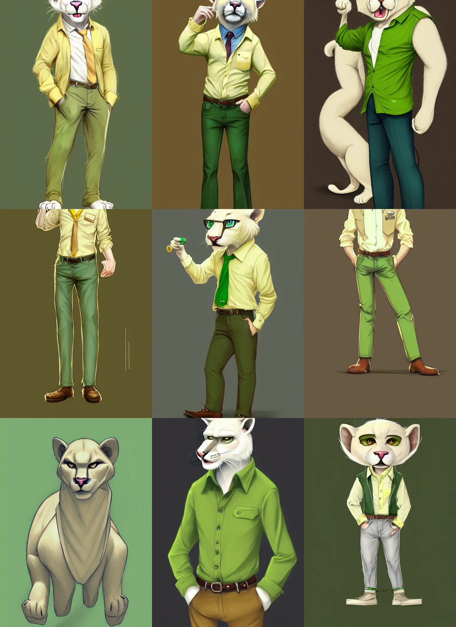 Prompt: anthropomorphic albino mountain lion fursona wearing a pale - yellow button - down shirt and olice - green slacks, highly detailed, artgerm style, artstation, soft light, sharp focus, illustration, character design, concept art