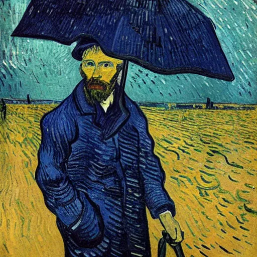 Image similar to a man standing in a rain, vincent van gogh, dark