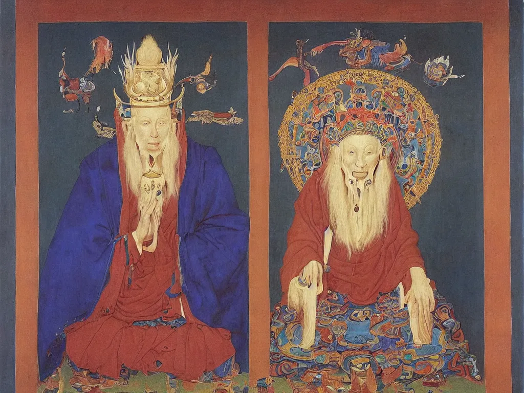 Image similar to Portrait of albino mystic with blue eyes, with Tibetan thangka. Painting by Jan van Eyck, Audubon, Rene Magritte, Agnes Pelton, Max Ernst, Walton Ford