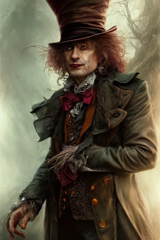 Image similar to mad hatter, portrait of a man, by wlop, by luis royo, by peter mohrbacher, concept art, digital illustration, intricate, masterpiece, elegant, super detailed, unreal engine rendering, smooth, sharp focus, artstation hq