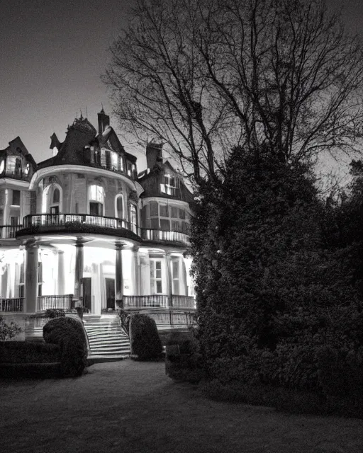 Image similar to a wide angle low photo of a ghostly victorian mansion at night