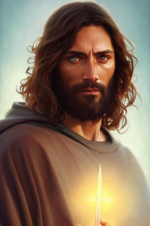 Prompt: jesus christ as an action hero, realistic portrait, symmetrical, highly detailed, digital painting, artstation, concept art, smooth, sharp focus, illustration, cinematic lighting, art by artgerm and greg rutkowski and alphonse mucha