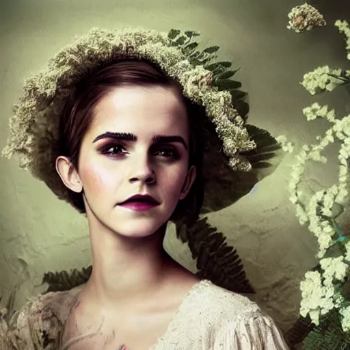 Image similar to painting on washed out on worn out canvas rough textured canvas wall full body fashion model emma watson smokey eyes makeup eye shadow fantasy, glow, shimmer as victorian woman in a long white frilly lace dress and a large white hat having tea in a sunroom filled with flowers, roses and lush fern flowers ,intricate, night, highly detailed, dramatic lighting , high quality