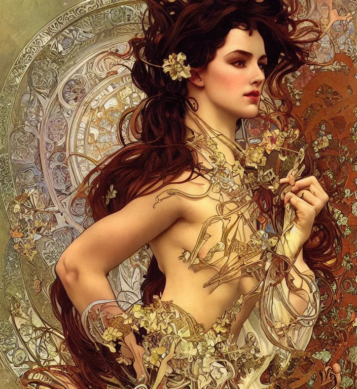 Image similar to unreal engine render + a goddess, smooth, coherent, high detailed, by Karol Bak outlines by Alphonse Mucha, featured on artstation, instagram HD, unreal engine