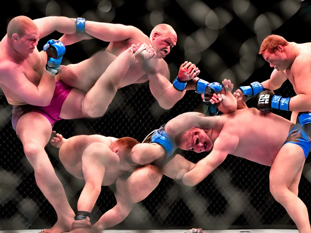 Prompt: Shrek and Barney fighting in an MMA match, sports photography