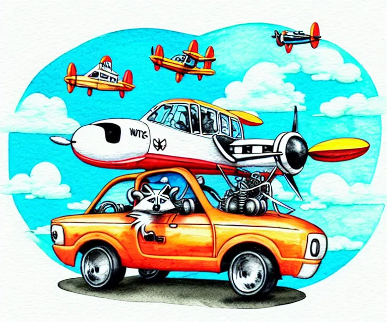 Image similar to cute and funny, racoon riding in a tiny airplane with oversized engines, ratfink style by ed roth, centered award winning watercolor pen illustration, isometric illustration by chihiro iwasaki, edited by range murata, tiny details by artgerm and watercolor girl, symmetrically isometrically centered