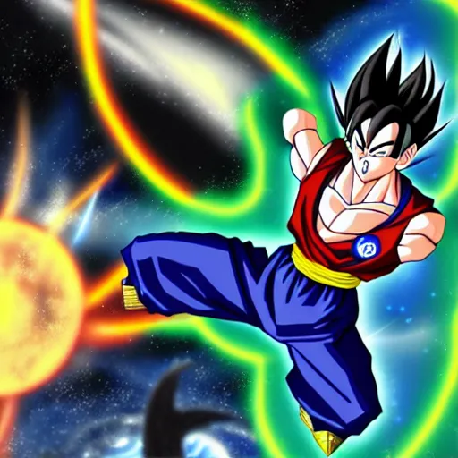 Image similar to gohan from dragon ball z flying through galaxy, black hole, digital art