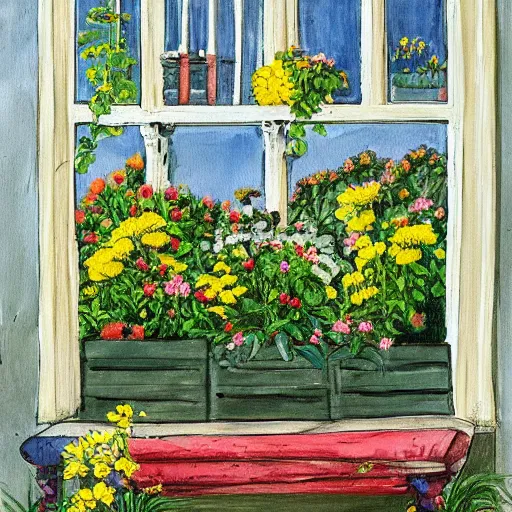 Prompt: “A painting of a pretty garden with yellow flowers in pots on a bench, a basket of flowers on the ground, a vase with more flowers, and in the centre, there's a window. On the sill is another planter with flowers and above the window is a spectacular array of hanging plants. In front of the window, propped up against the sill is an old pushbike”