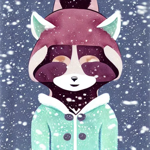 Image similar to aesthetic portrait commission of an anthro anthropomorphic wolf wearing a cute cozy soft pastel winter outfit winter Atmosphere. detailed, inked, western comic book art, award winning painting