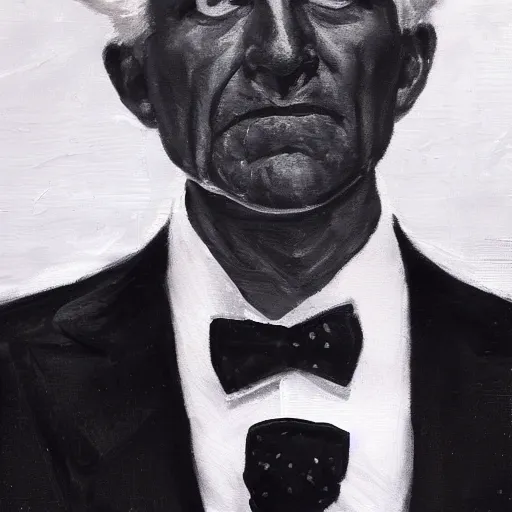 Prompt: 8 0 year old black suit white shirt, black bowtie, white haired man, determined, fearless, sharp looking portrait, oil painting