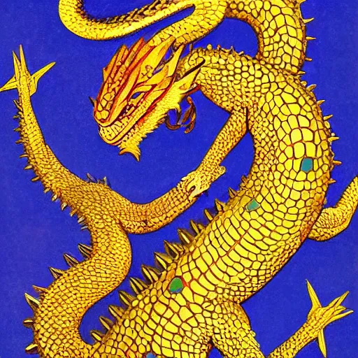 Image similar to beautiful jeweled scaly lizard-headed dragon sitting on top of treasure, by Nicholas Roerich and Warwick Goble, iridescent scales, sinuous dragon body, clawed feet, long spiked tail,dramatic lighting, featured on artstation W 768