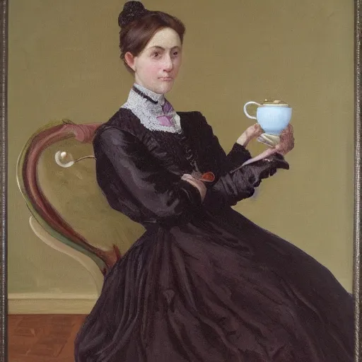 Image similar to portrait of a Victorian woman holding a teacup, oil on canvas, highly detailed, uncluttered,