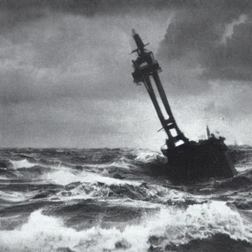 Image similar to giant anomalous machine in the middle of a violent stormy ocean, 1900s photograph