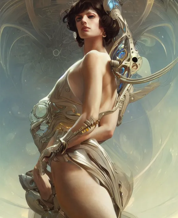 Image similar to portrait of a futuristic woman, half body, d & d, fantasy, intricate, elegant, highly detailed, digital painting, artstation, concept art, art by artgerm and greg rutkowski and alphonse mucha, boris vallejo