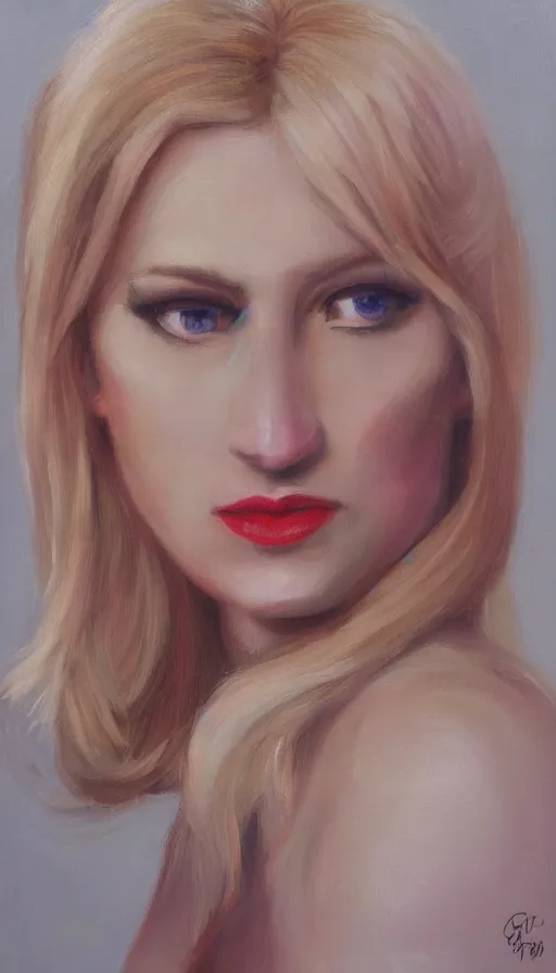 Prompt: portrait of a blonde femme fatale by Glen Orbik, 8K
