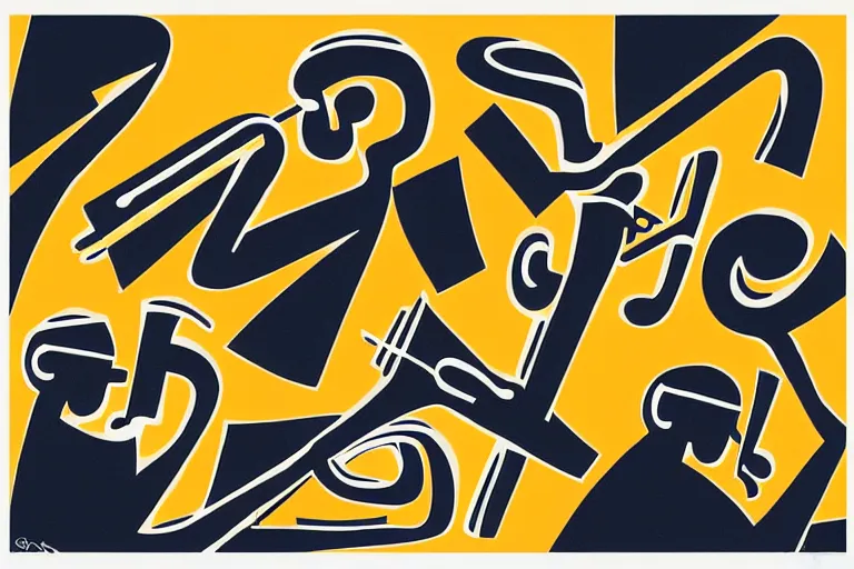 Image similar to Stylized abstract art of jazz musicians playing along with musical notes in the style of Stuart Davis