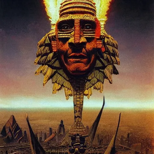 Image similar to giant mayan joe biden!!!!!!!!!!!!!!!!!!!!!!!! with flaming eyes standing over city, perfectly clear face, by j. c. leyendecker and beksinski