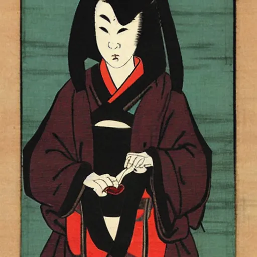 Image similar to a lady with sinister eyes holding a knife with blood on it, ukio-e style,
