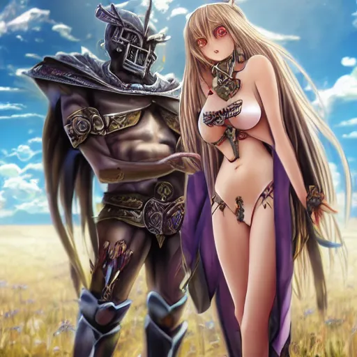 Image similar to pretty anime girl in bikini in sad byzantine mask, concept art, grim dark fantasy stand infront of poor christian farmer.