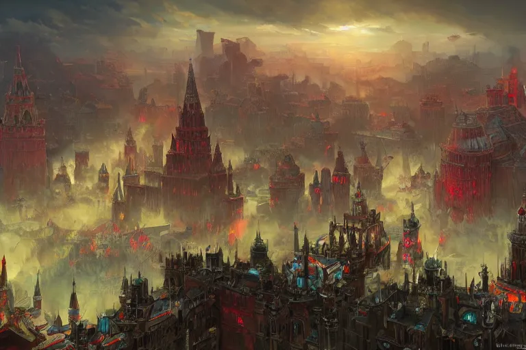 Prompt: moscow in style of world of warcraft orgrimmar, red square, orc village, green and red orcs in modern camouflage, illustration in style of darek zabrocki, noah bradley, cinematic