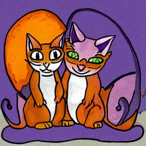 Image similar to small cute purple dragon, the dragon is hugging an orange tabby cat, soft, cozy