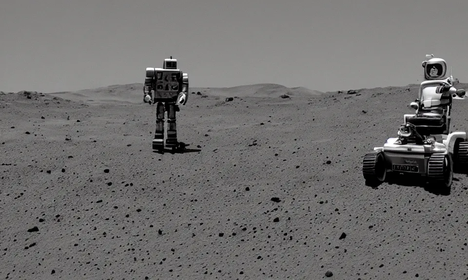 Image similar to 35mm film still, robot lawnmower on mars