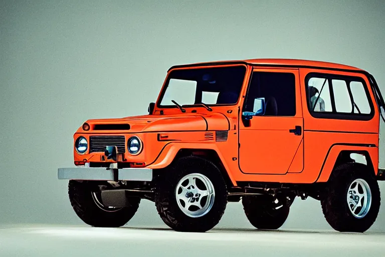 Prompt: studio photoshoot designed by giorgetto giugiaro of a single 1 9 8 8 fj 4 0 fairmont, thick neon lights, ektachrome photograph, volumetric lighting, f 8 aperture, cinematic eastman 5 3 8 4 film