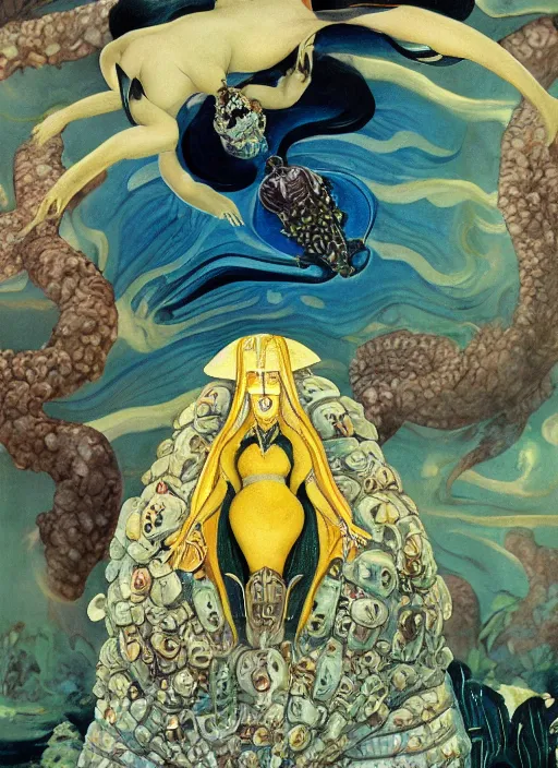 Image similar to a queen on top of a giant tardigrade retro japanese monster slimy leather, oil painting, 7 0 s vintage art, by georgia o keeffe, by kay nielsen, by gustave dore, by frank frazetta, nausicaa