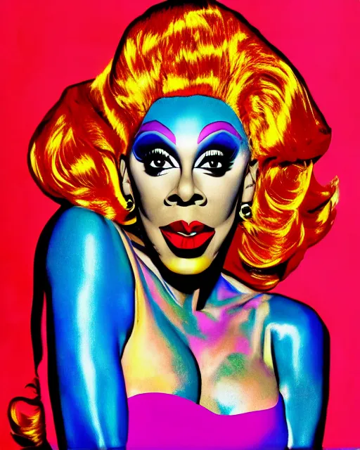 Image similar to pop art of of drag queen rupaul, portrait,, perfect lighting, famous painting