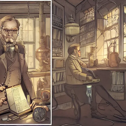 Image similar to muted colors, steampunk, comic book illustration, old victorian professor in his laboratory, detailed, cinematic lighting