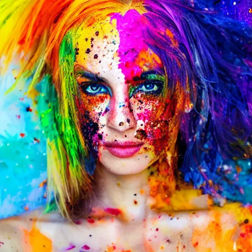 Prompt: portrait photography, stunning woman with deep amber eyes, splattered with shimmering colorful paint