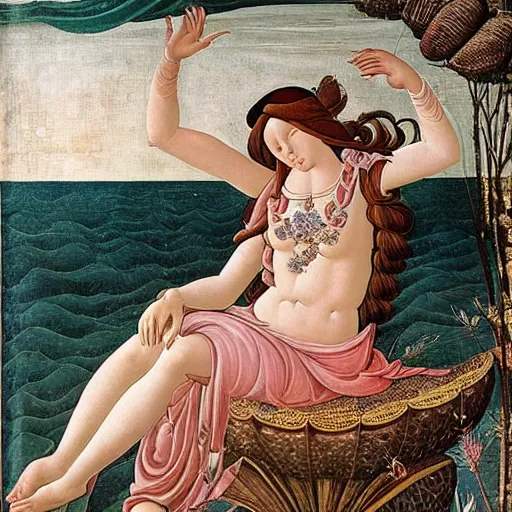 Prompt: an ultradetailed mythological oil painting of a beautiful woman with long brown hair, full body, wearing pink floral chiton, lying on a giant scallop shell, near the seashore, intricate lines, elegant, renaissance style, by sandro botticelli