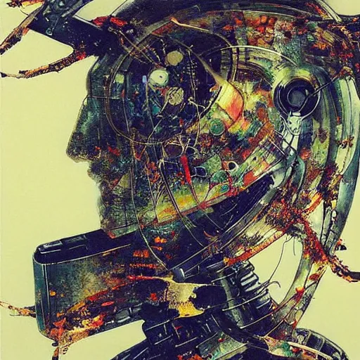 Image similar to “ a simple sci - fi concept art portrait of a sleek robot design, a highly detailed yoshitaka amano painting, by adrian ghenie and gerhard richter. art by takato yamamoto. masterpiece, deep colours. ”