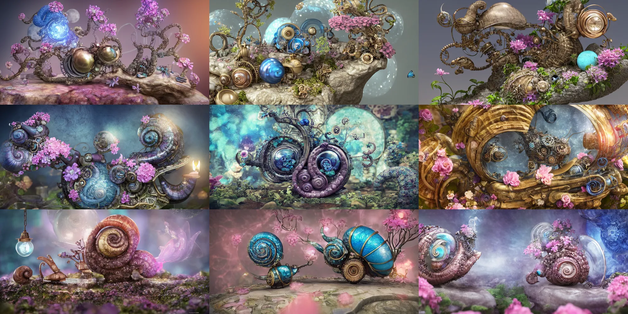 Prompt: steampunk snail, blue and pink bonsai tree, inside a marble, flower garden, intricate detail, hyper detailed, ultra realistic, sharp focus, octane render, lantern candle, butterfly, volumetric, ray tracing, artstation trending, moon,, fairy cgsociety, sense of awe, swirling mist, 4 k